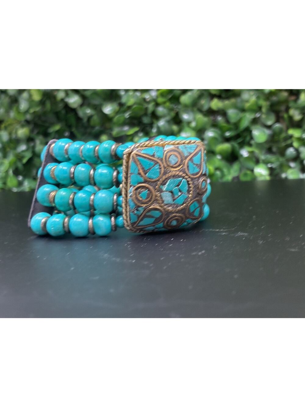Turquoise Beaded Cuff Bracelet Mosaic Boho Southwest Stretch Wide
